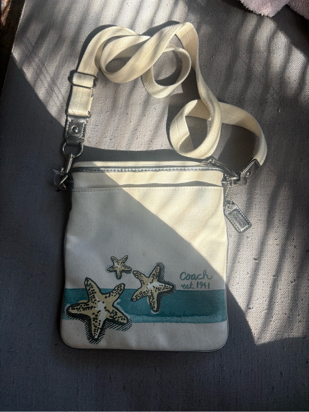 Coach Cream and Teal Crossbody Bag with Starfish Design